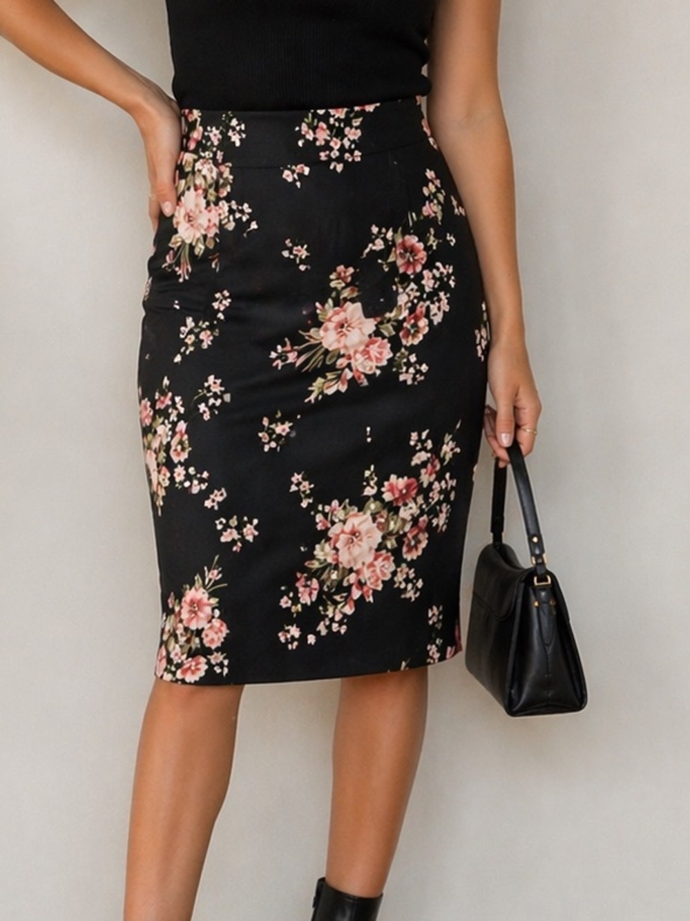 Streetwear Society Floral Midi Skirt Black | High Waist Knee Length